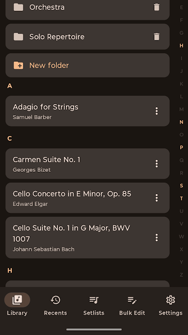 Lectern Android library showing folders, pieces, setlists, and simple navigation