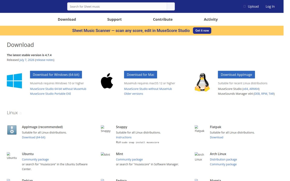 MuseScore Studio download webpage showing Windows, Mac, and Linux options