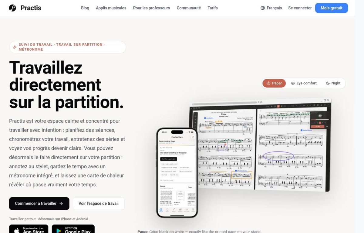 La page française de Practis avec les outils de travail sur partition et de suivi