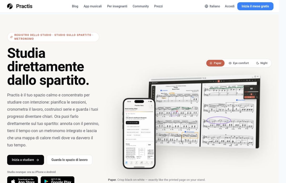 La pagina italiana di Practis con spartito, registro e strumenti di studio