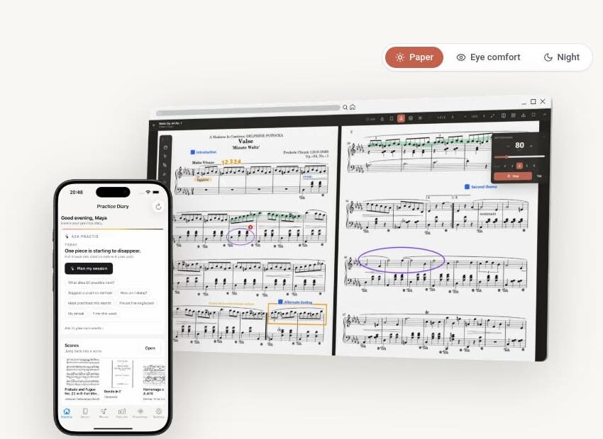 Vista de Practis con el diario de práctica, una partitura anotada y herramientas de sesión