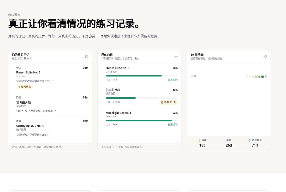 中文版 Practis 的练习日记、曲目进度与 12 周节奏界面