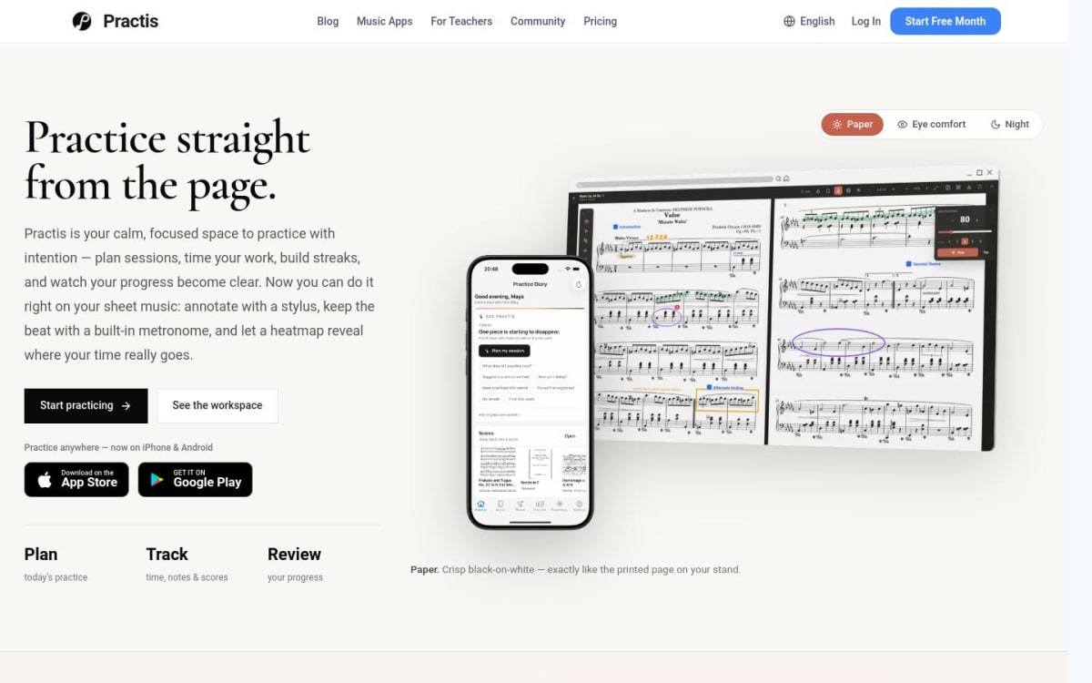 Practis website showing a practice diary on iPhone beside a score, timer, annotations, and progress tools