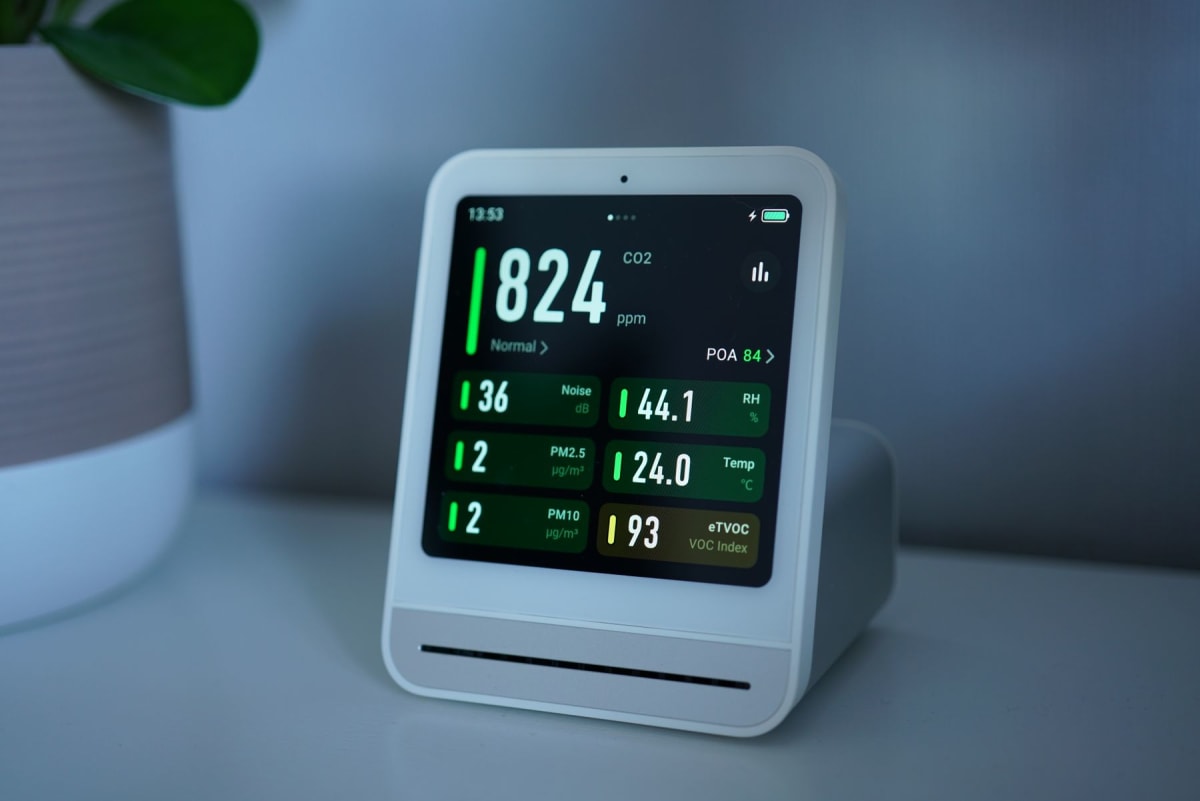 Indoor air monitor displaying 44.1 percent relative humidity