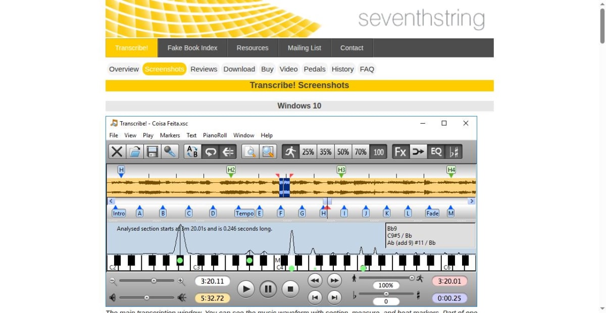 Seventh String Transcribe screenshot gallery showing waveform markers, spectrum analysis, and a piano keyboard