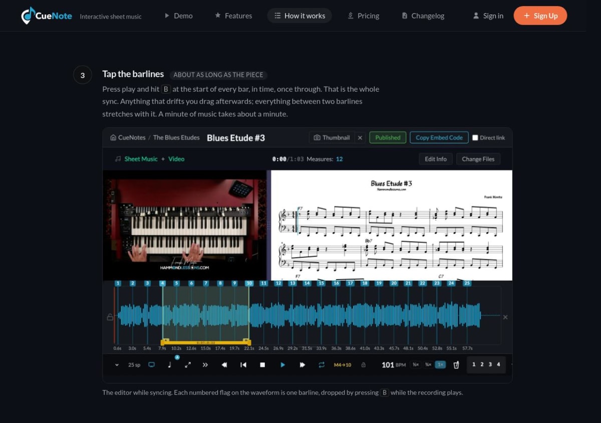 CueNote How it works page showing video and sheet music above a waveform with numbered barline sync points
