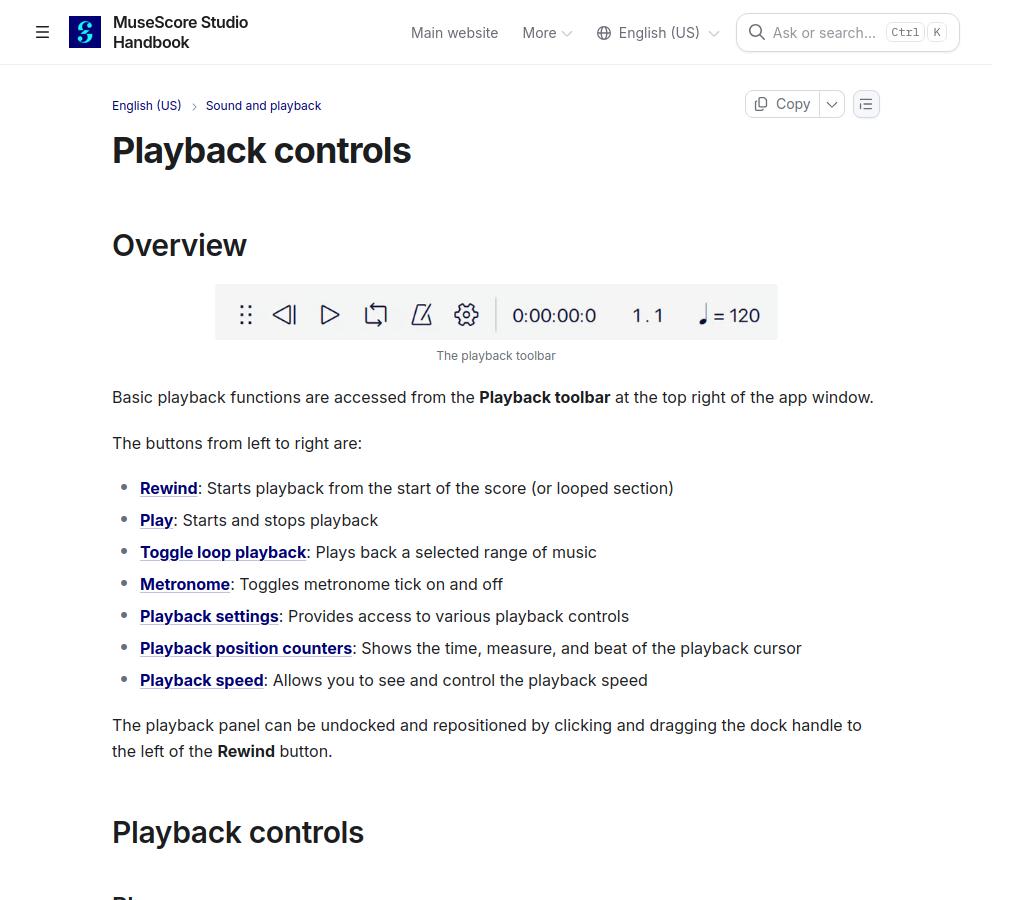 MuseScore Studio Handbook page showing the playback toolbar and descriptions of rewind, play, loop, metronome, position, and tempo controls