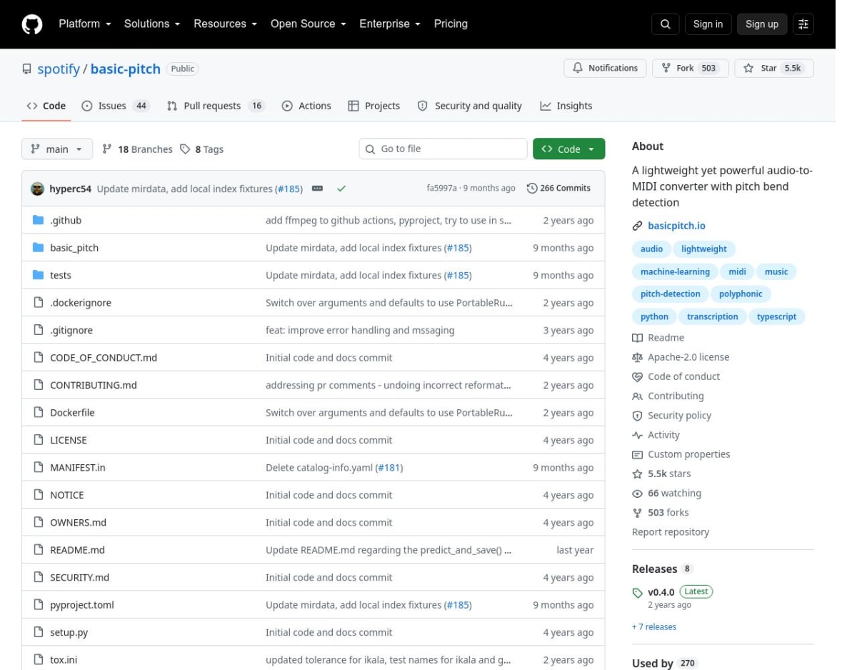 Spotify Basic Pitch public GitHub repository showing project files, its audio-to-MIDI description, and Apache 2.0 license