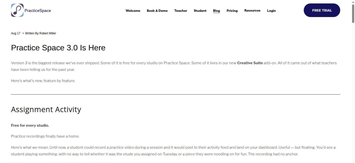 Practice Space page describing recordings attached to individual assignments