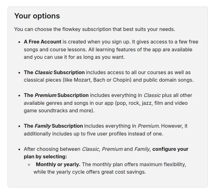 Flowkey help page explaining its Free, Classic, Premium, and Family plans
