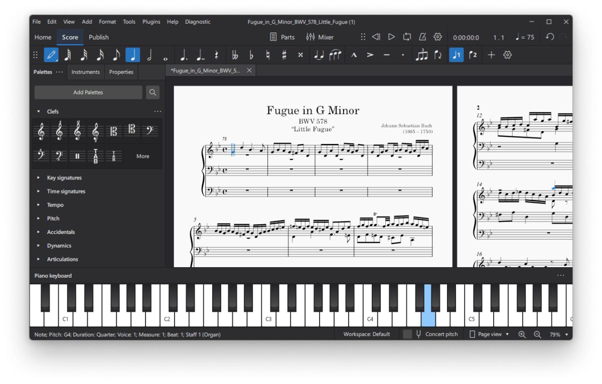 MuseScore 4 desktop editor displaying a Bach fugue, notation palettes and an onscreen piano keyboard