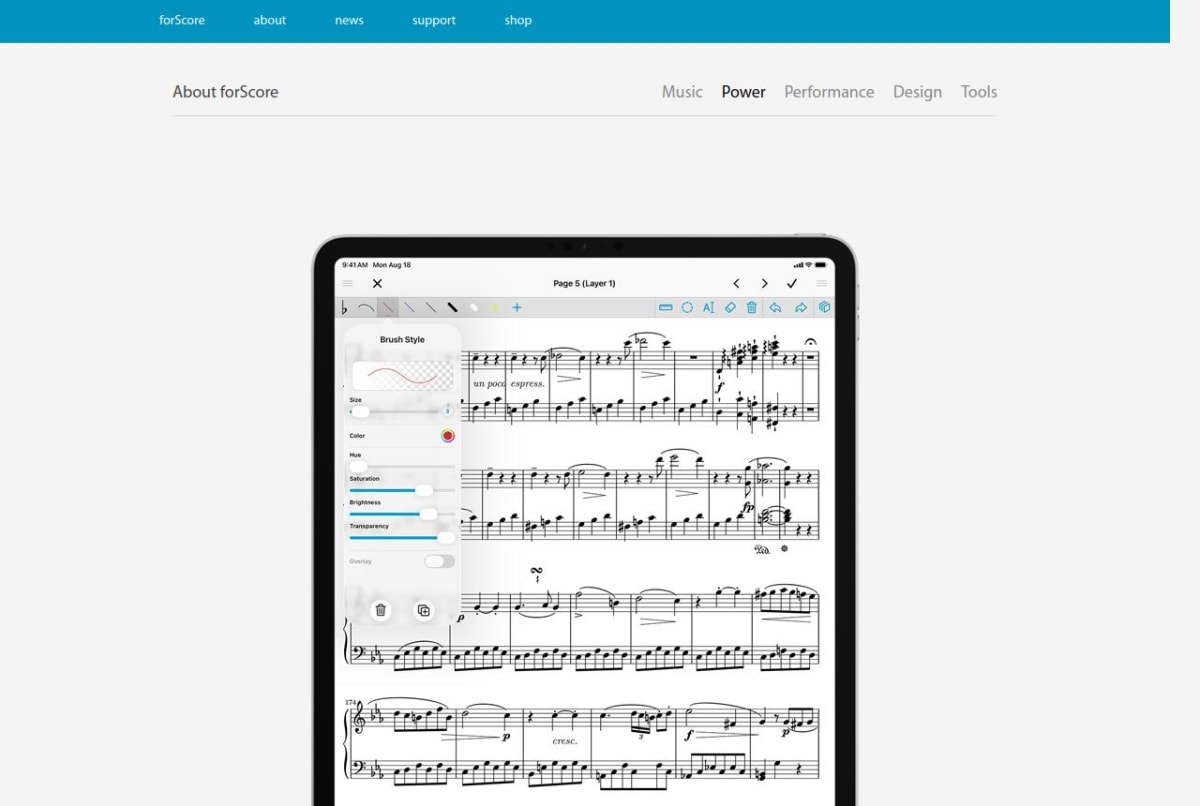 forScore's Power webpage showing its score annotation toolbar and brush controls for size, colour and transparency