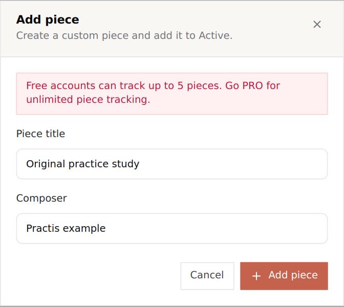 Practis Add piece dialog showing the five-piece Free account limit