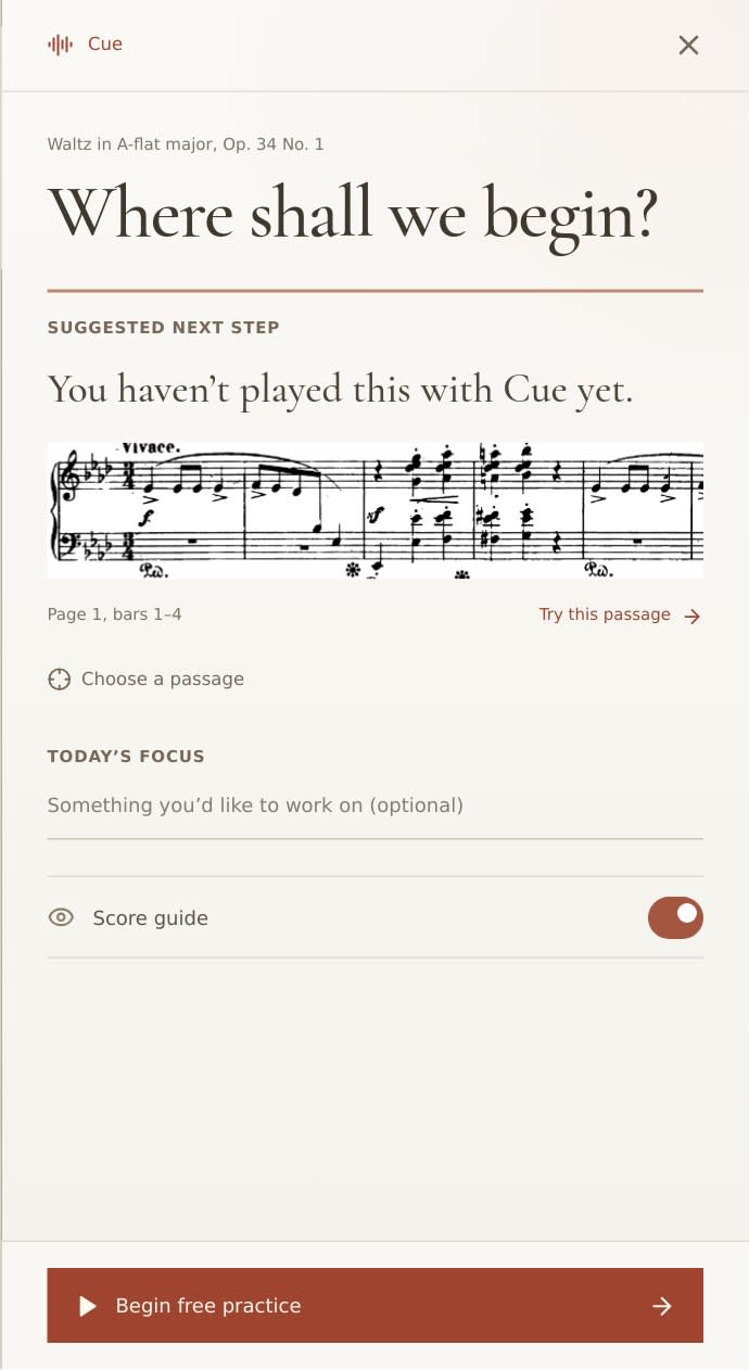Practis Cue preparation panel showing a score passage, optional focus and Begin free practice control