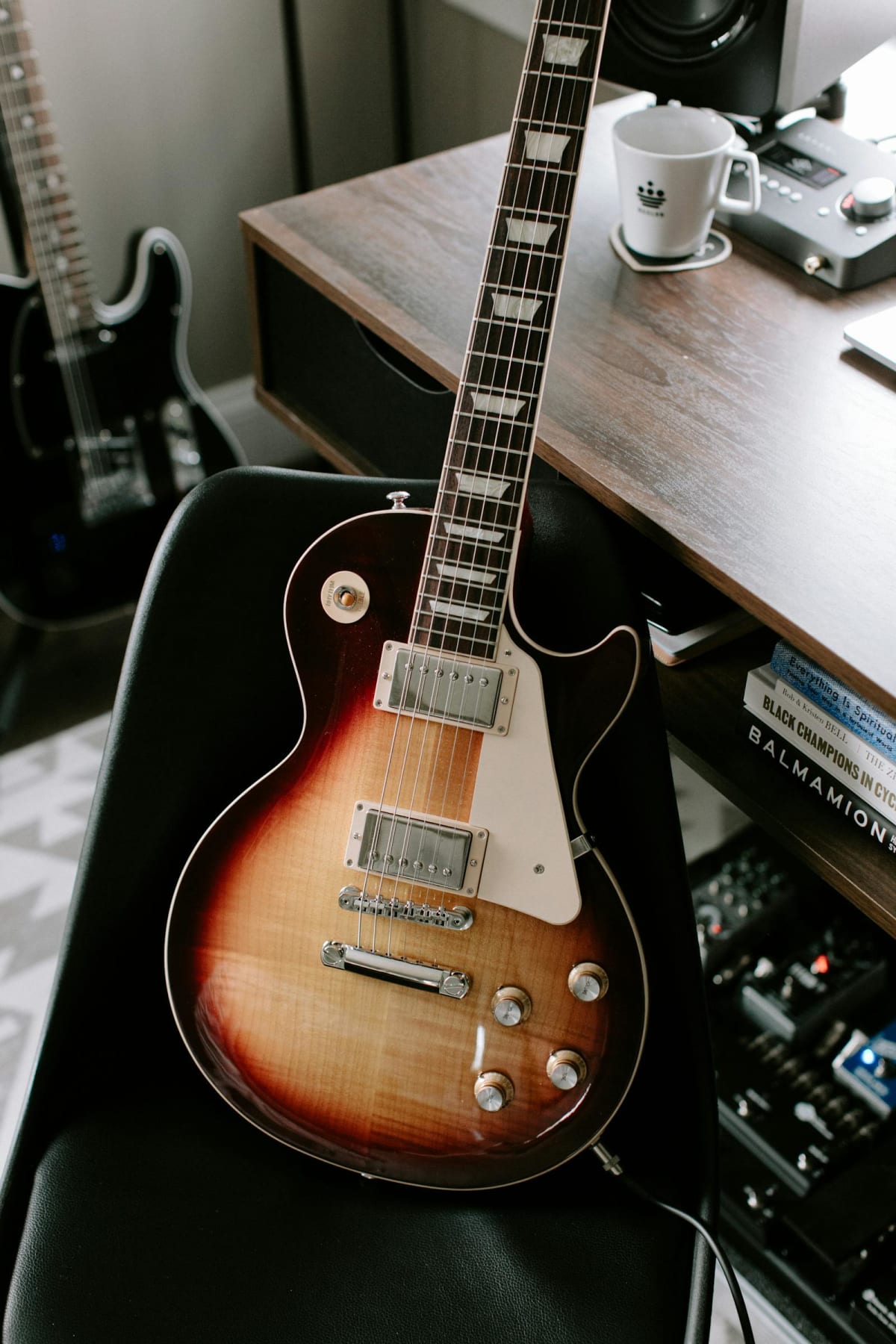 A ready-to-use home music workspace with instrument and desk