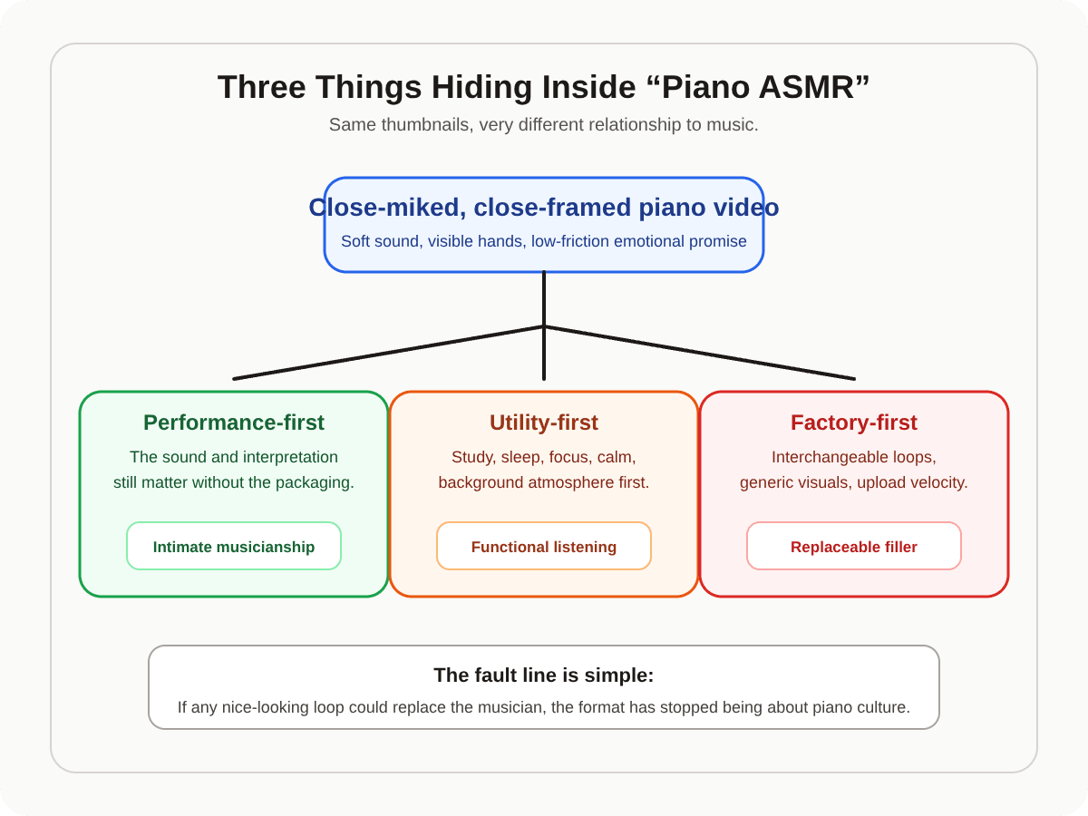 Hierarchy tree showing performance-first, utility-first, and factory-first forms of piano ASMR
