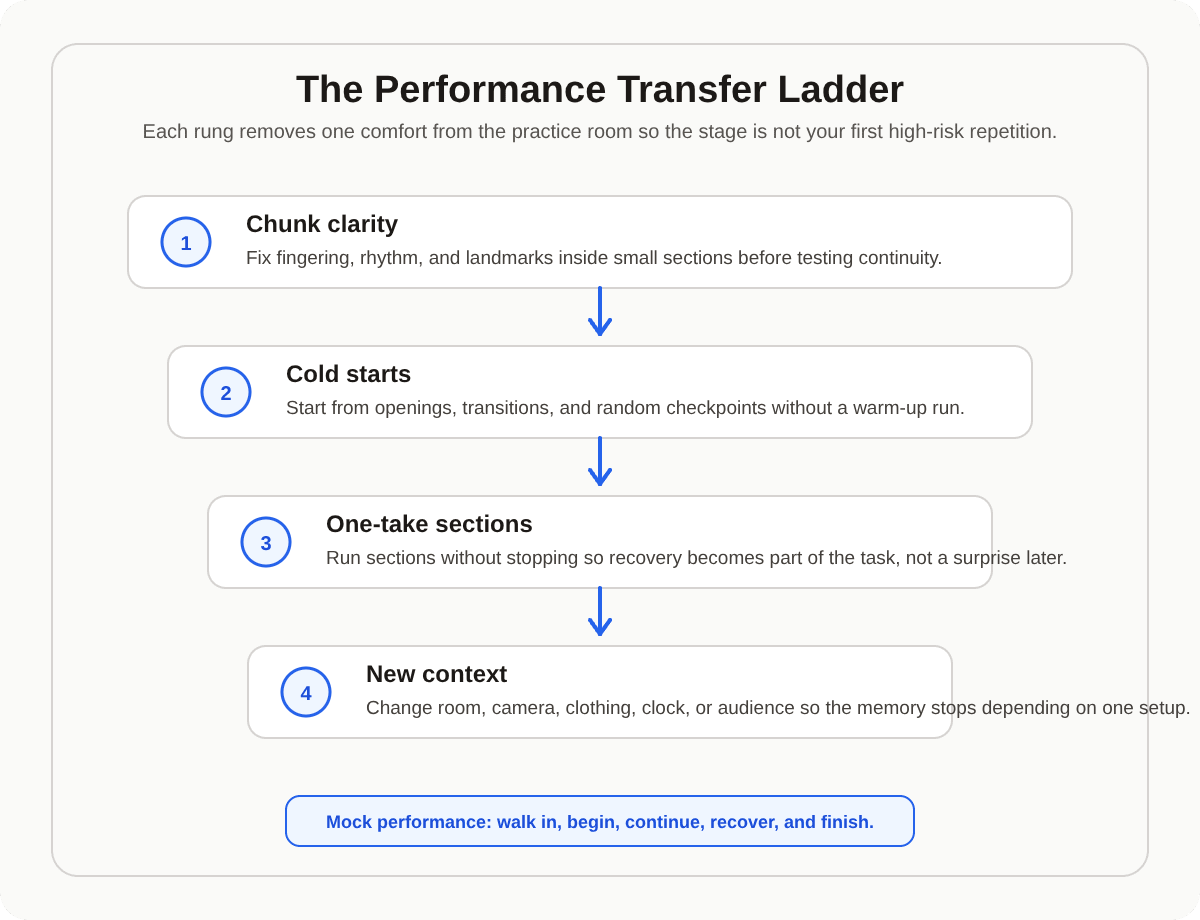 Performance transfer ladder showing chunk clarity, cold starts, one-take sections, new context, and mock performance