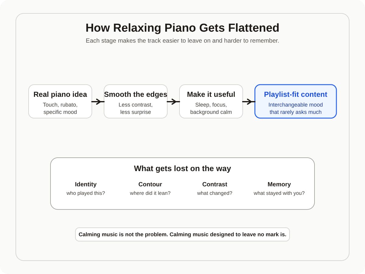 Diagram showing how real piano ideas get flattened into playlist-fit content