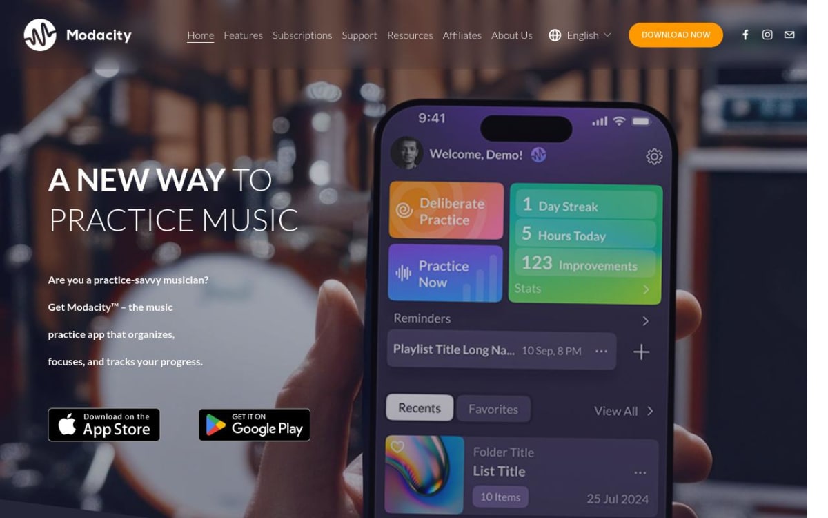 Modacity homepage showing the app's practice dashboard with deliberate practice mode, streaks, and practice lists