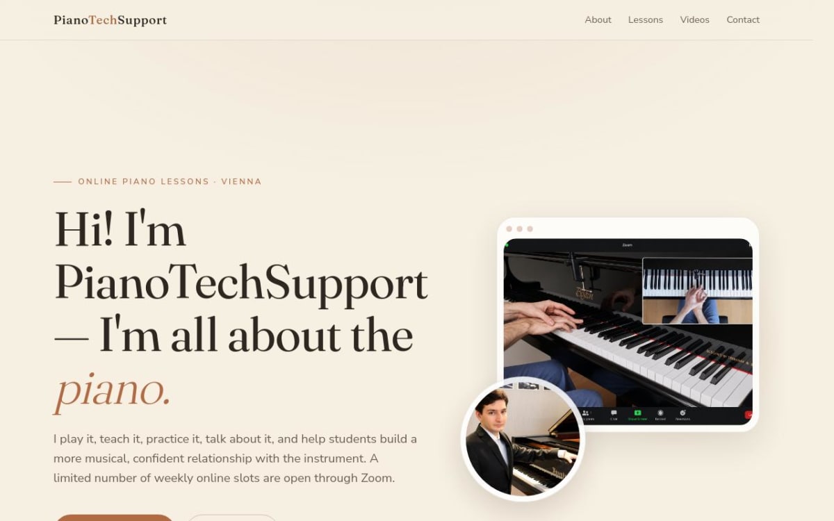 PianoTechSupport homepage — online piano lessons from Vienna, with a book-a-trial-lesson button