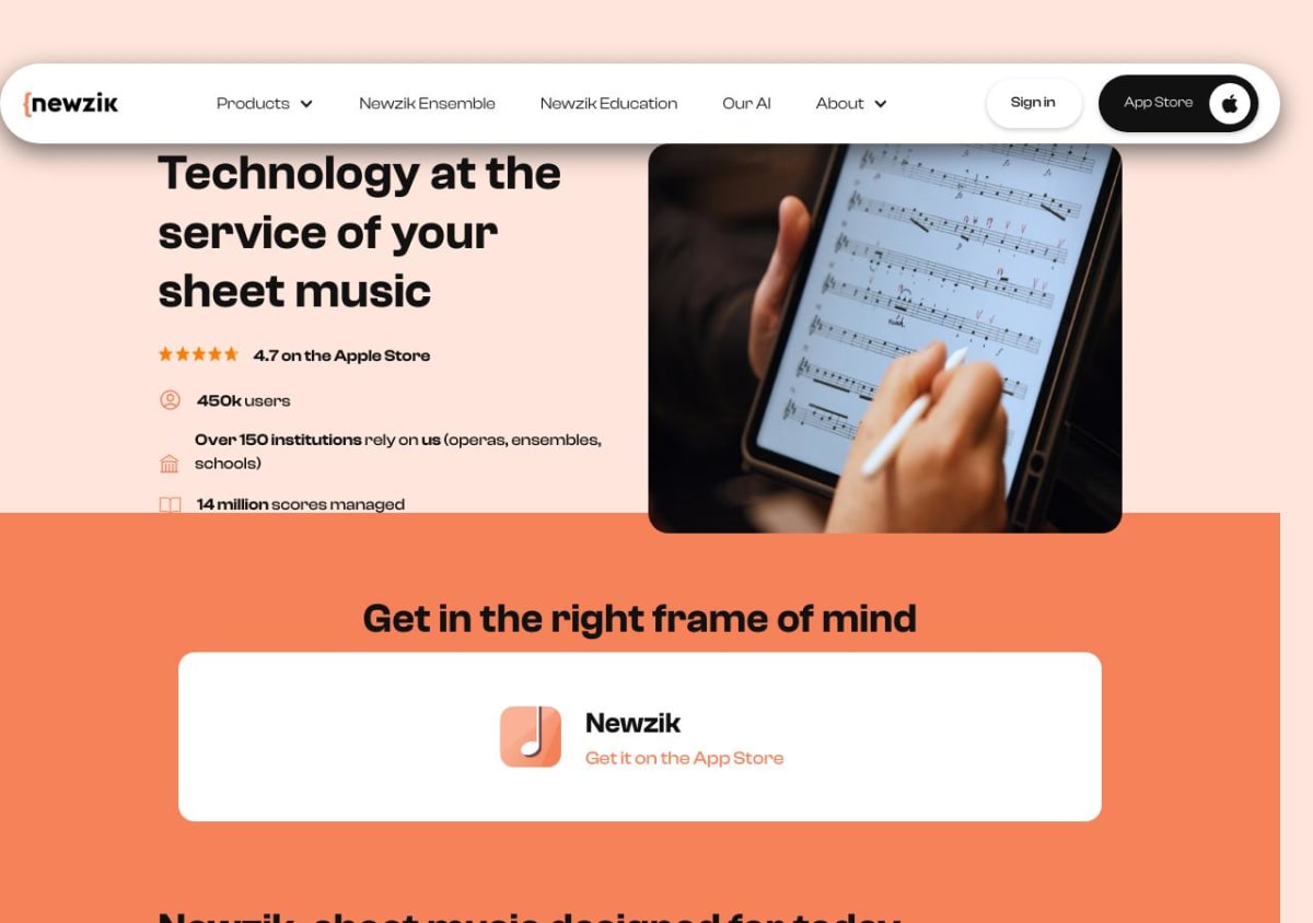 Newzik website showing an annotated digital score on a tablet and its sheet music workspace