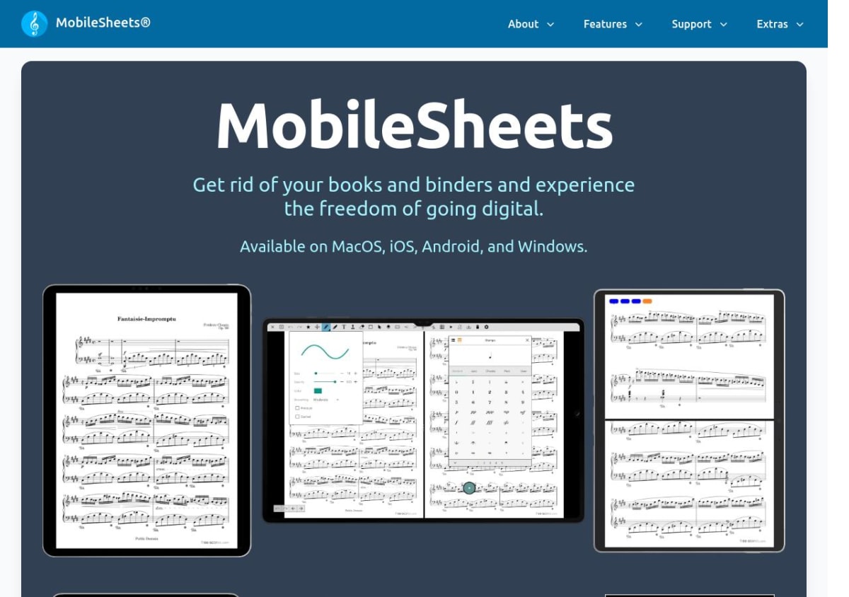 MobileSheets product page showing digital scores on Android, desktop, and tablet-sized displays