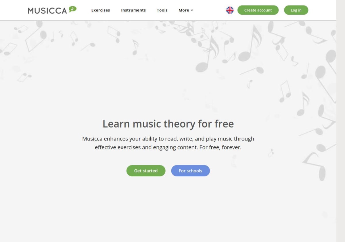Musicca website offering free music theory lessons, exercises, and tools
