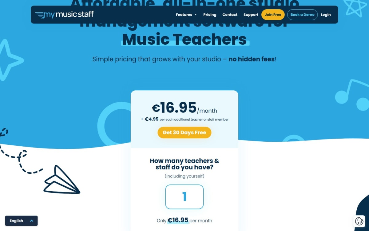 My Music Staff pricing page showing its staff-based monthly plan