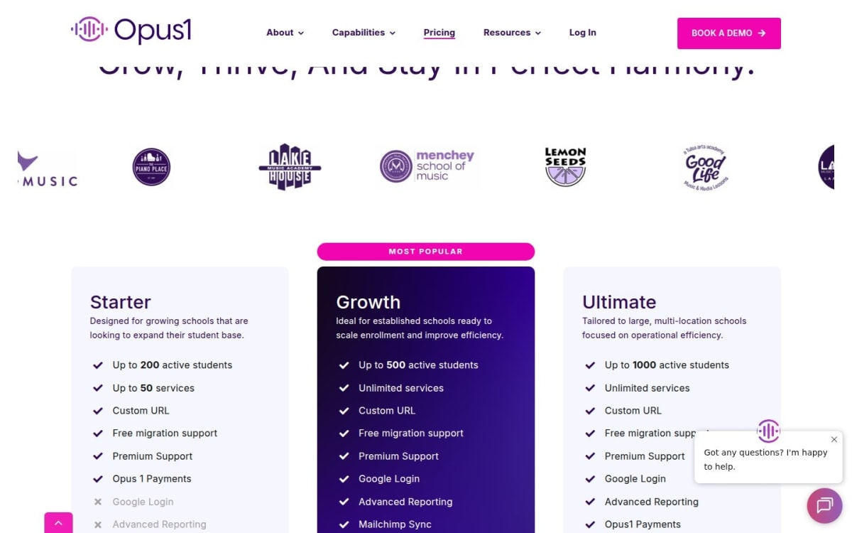 Opus1 pricing page showing Starter, Growth, and Ultimate music school plans