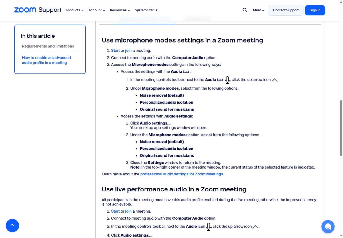 Zoom Support instructions showing Original sound for musicians in microphone modes