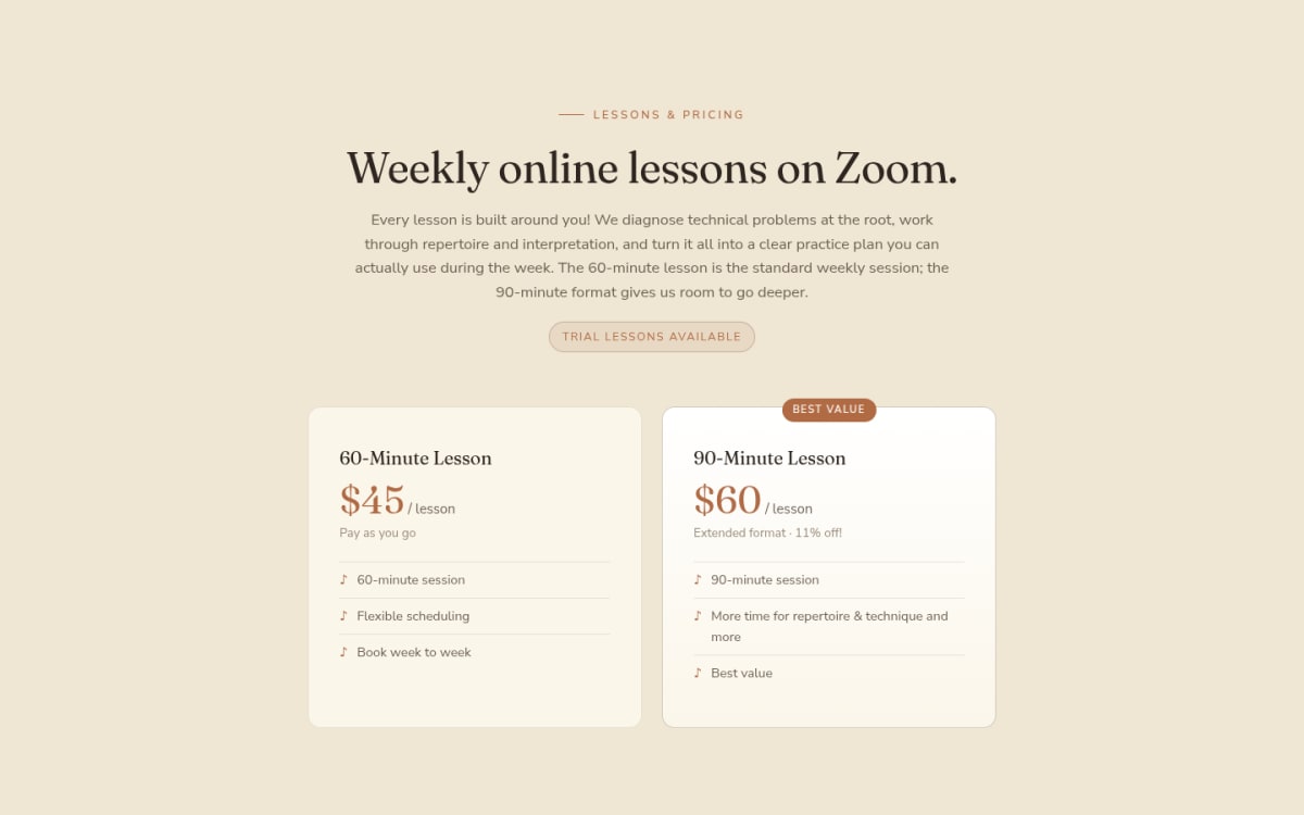 PianoTechSupport lesson pricing page with 60-minute and 90-minute online piano lesson options
