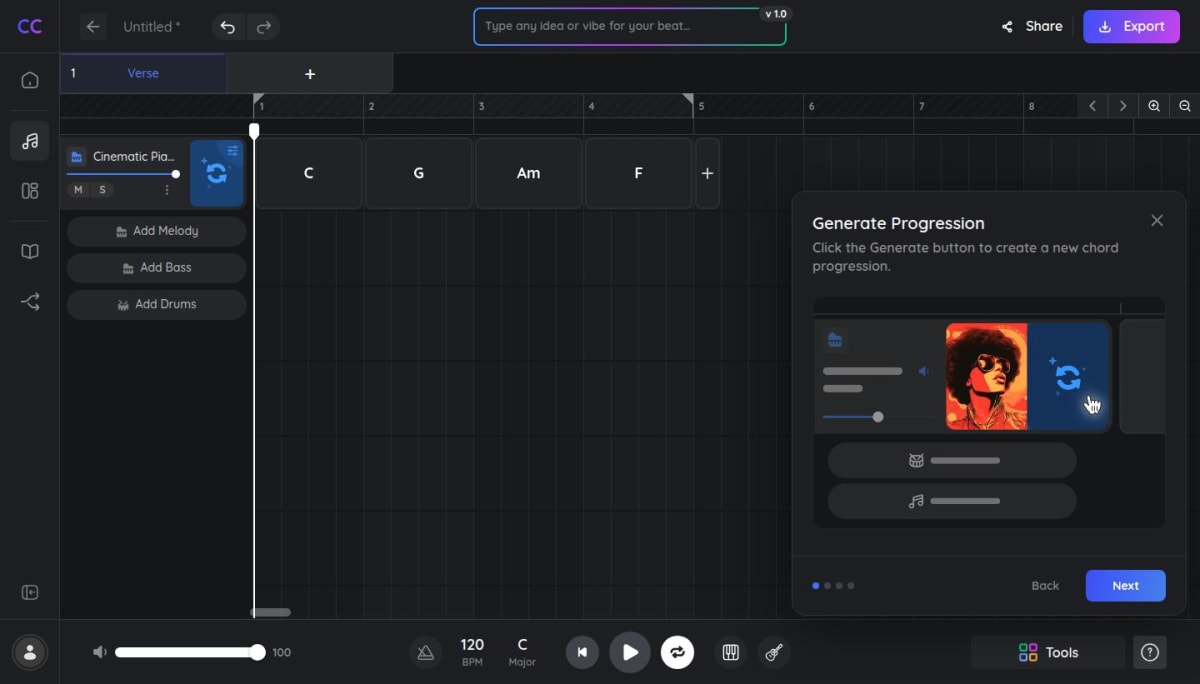 ChordChord browser workspace showing a C, G, A minor, F progression with melody, bass, and drum tracks