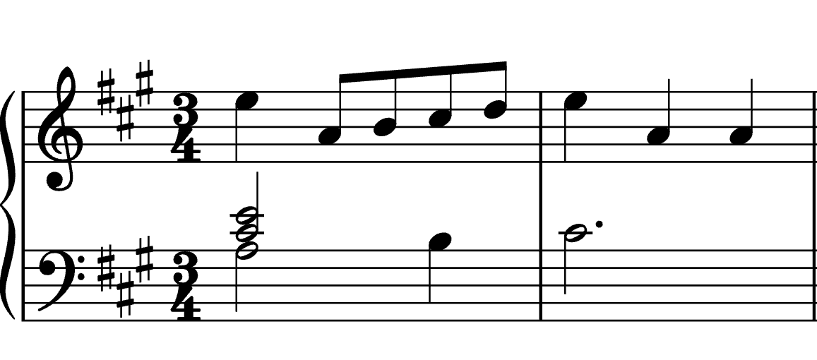 Opening two bars transposed to A major: three-sharp key signature and a melody beginning on E