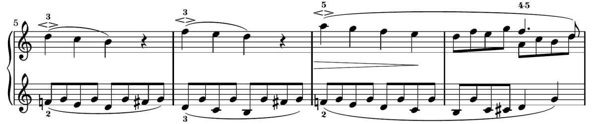 Schumann Melody bars 5 to 8: in the final bar the right hand holds F above a moving inner voice beginning on A