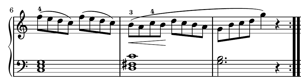 Burgmüller La Candeur bars 6 to 8, with the whole-bar left-hand D F sharp C chord in bar 7