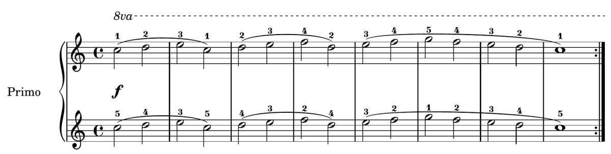Opening system of Diabelli Op. 149 No. 1 primo: long notes in both treble-clef staves, with an octave-up instruction for the right hand