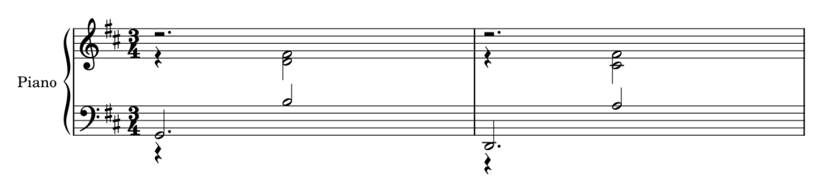 Opening two bars in three-four: G bass followed by B, D and F-sharp; D bass followed by A, C-sharp and F-sharp.