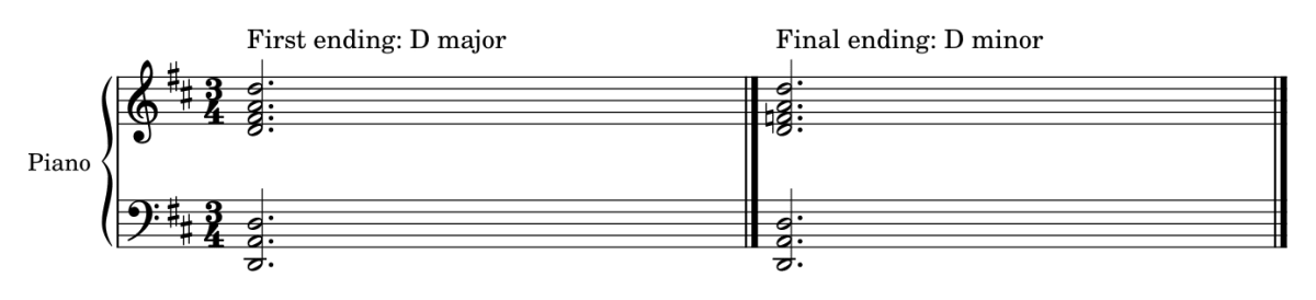 Two non-consecutive ending chords: D major with F-sharp at the end of the first half, and D minor with F natural at the end of the piece.