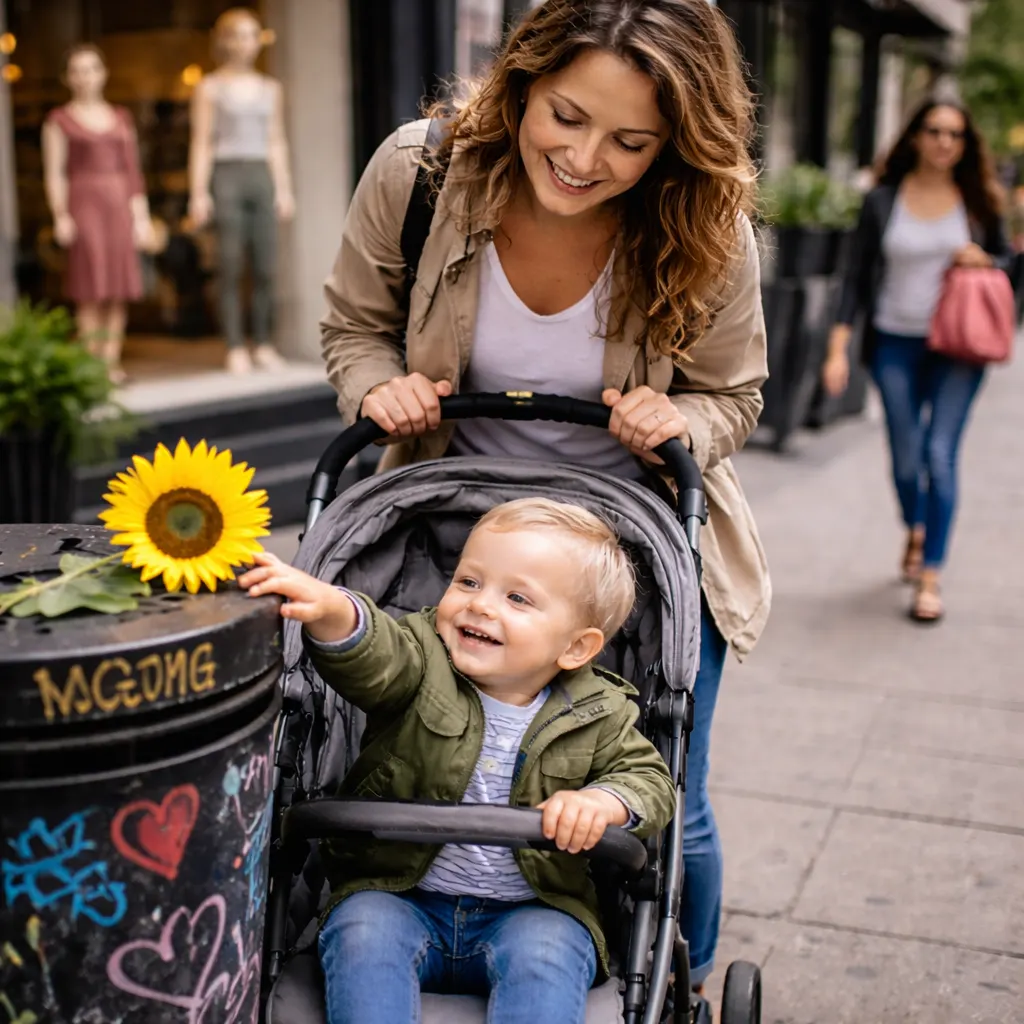 Woman with stroller on city sidewalk
