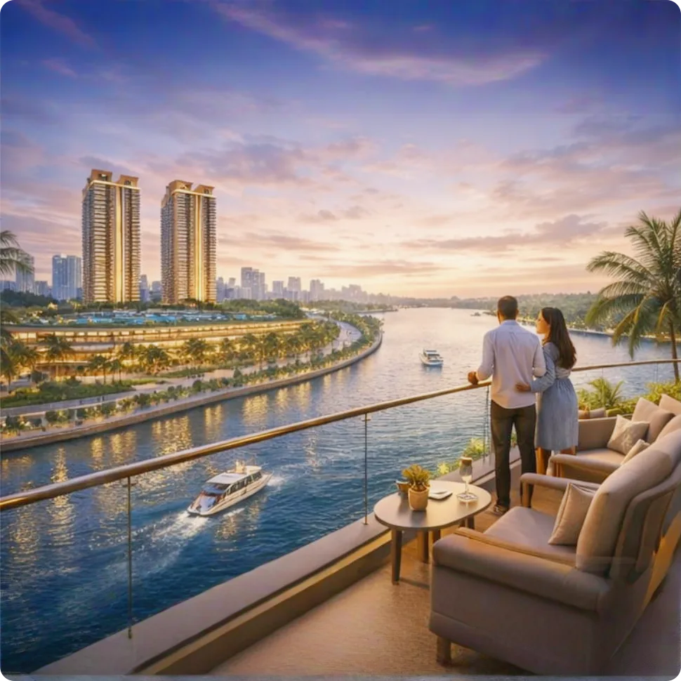Luxury balcony view at Sobha Bellevue Calicut overlooking river and city skyline