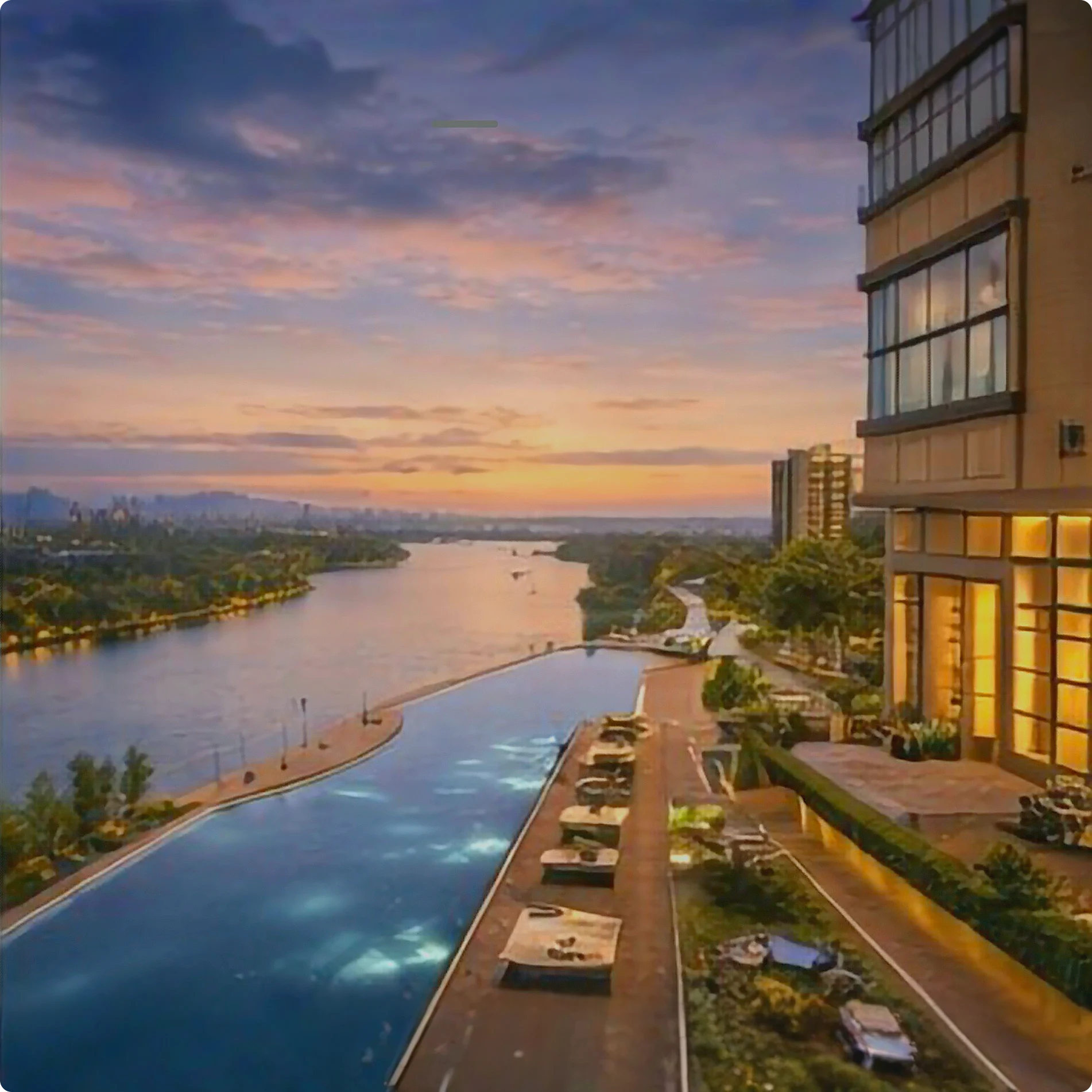 Infinity swimming pool at Sobha Bellevue apartments with waterfront view Calicut