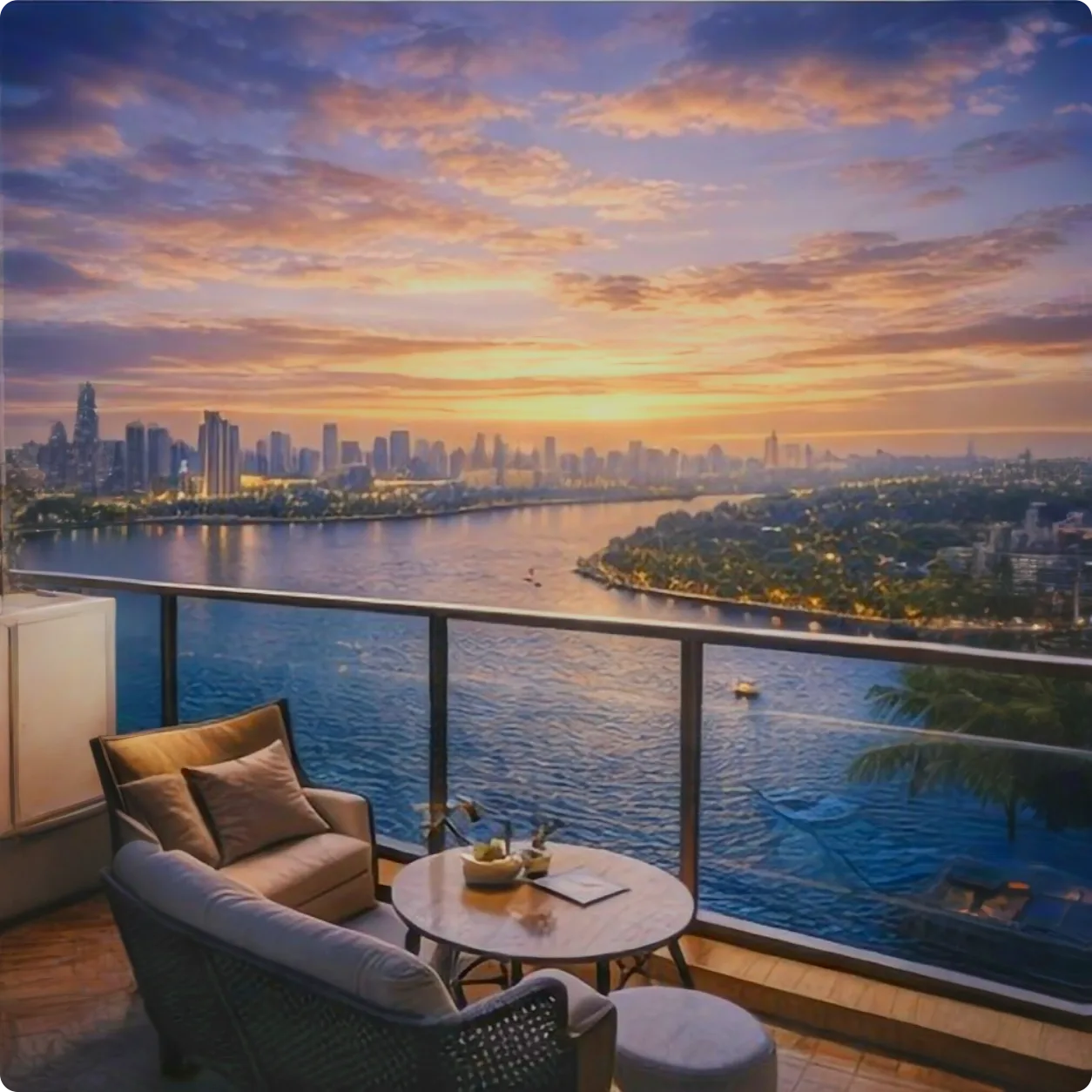 Panoramic city skyline and river view from Sobha Bellevue Calicut apartments