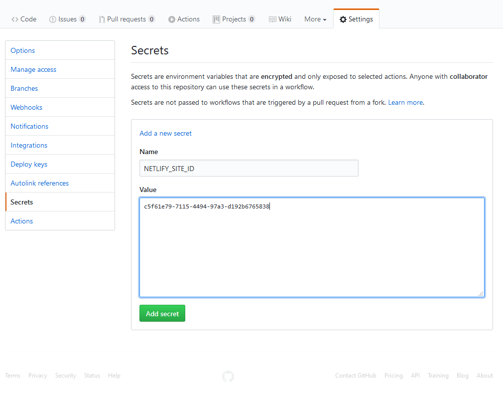 Entering Site ID into GitHub Secrets