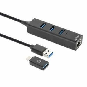 Manhattan Adaptador Usb V3.0 Usb A/C A Red Gb + Hub - 3 Total Usb Port(s) - 3 Usb 3.0 Port(s)1 Puerto(s) De Red (rj-45) - Pc, Mac, Chromeos