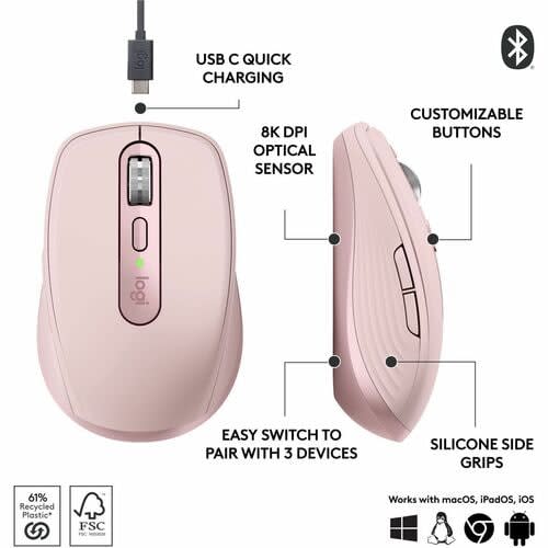 Mouse Logitech Mx Anywhere 3s - Bluetooth - Usb - Darkfield - Rosa - Inalámbrico - Recargable - 8000 Dpi - Rueda De Desplazamiento - Image 7