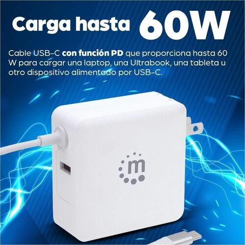 Cargador De Energía Pd Con Cable Usb-C Integrado - 60 W - Manhattan Cargador De Energia