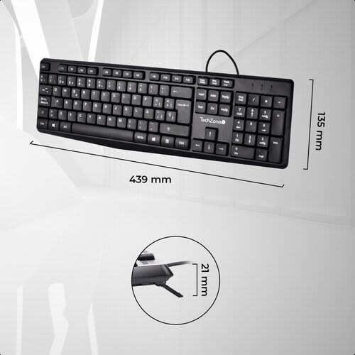 Teclado Alambrico Techzone Basico Negro Abs 105 Teclas Qwerty Cable De 135cm Indicadores Numerico, Mayuscula Y Bloqueo De Desplazamiento