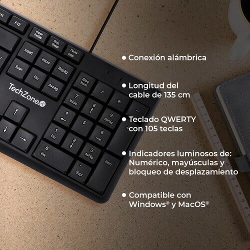 Teclado Alambrico Techzone Basico Negro Abs 105 Teclas Qwerty Cable De 135cm Indicadores Numerico, Mayuscula Y Bloqueo De Desplazamiento