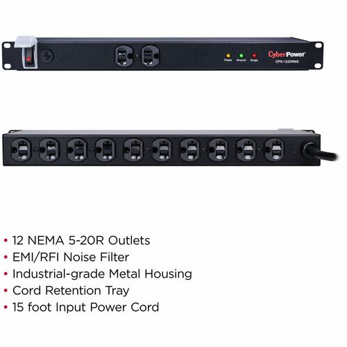 Supresor/Protector De Sobretensión Cyberpower Cps1220rms - Nema 5-20p - 12 X Nema 5-20r - 1800j - 120 V Ac - Entrada120 V Ac Salida - 90ka - 4.6m - Montable En Bastidor