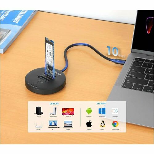 Manhattan - Compacto - Estación De Acoplamiento Y Clonación De Ssd M.2 Nvme. Base Para Duplicar O Acceder A Unidades M.2, Con Cable Integrado Usb-C Superspeed+ A 10 Gbps (usb 3.2 Gen 2), Para Unidades Ssd 2230/2242/2260/2280/22110 Con Llave M O Llave B+m, Negro